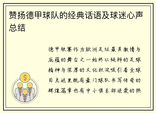赞扬德甲球队的经典话语及球迷心声总结